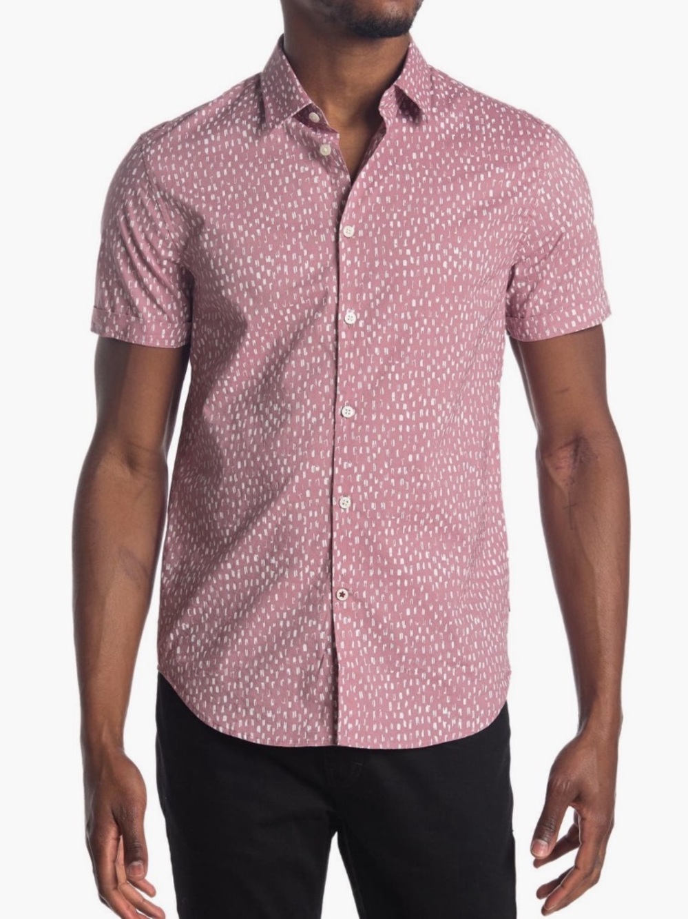 John Varvatos Short-Sleeve Button-Down in Dusty Rose with White Print